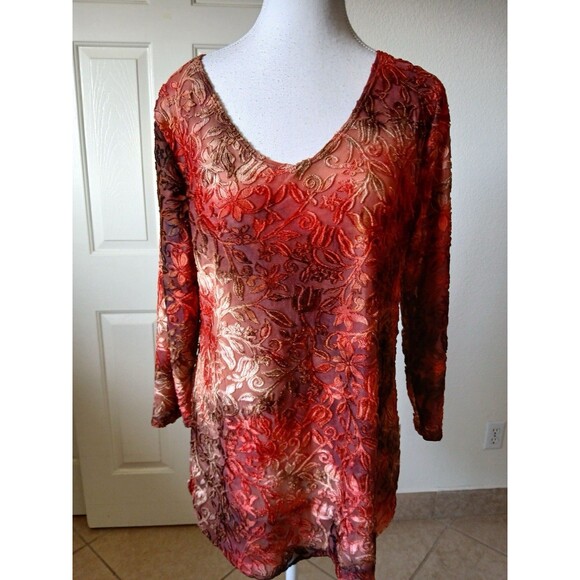 Karen Hart Womens Blouse Burnout Velvet Floral Sheer‎ Long Sleeve Red Boho XL - Picture 1 of 13